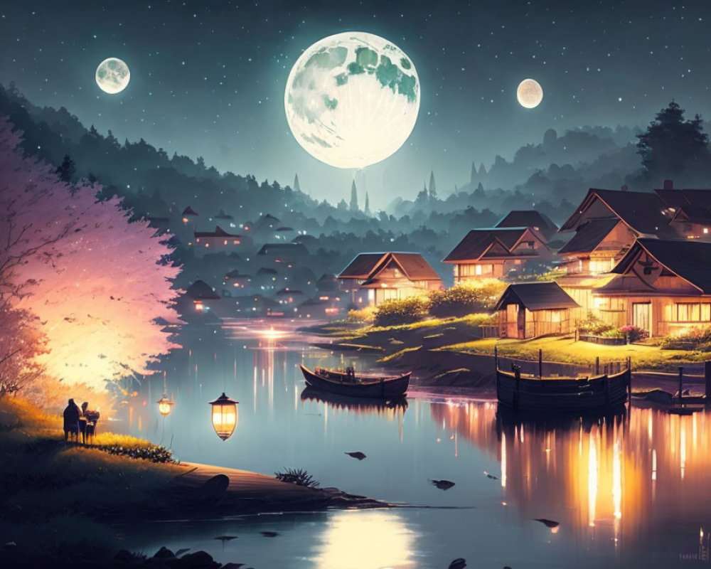 Nighttime village scene with cherry blossoms, illuminated houses, moonlit river, stars, and couple