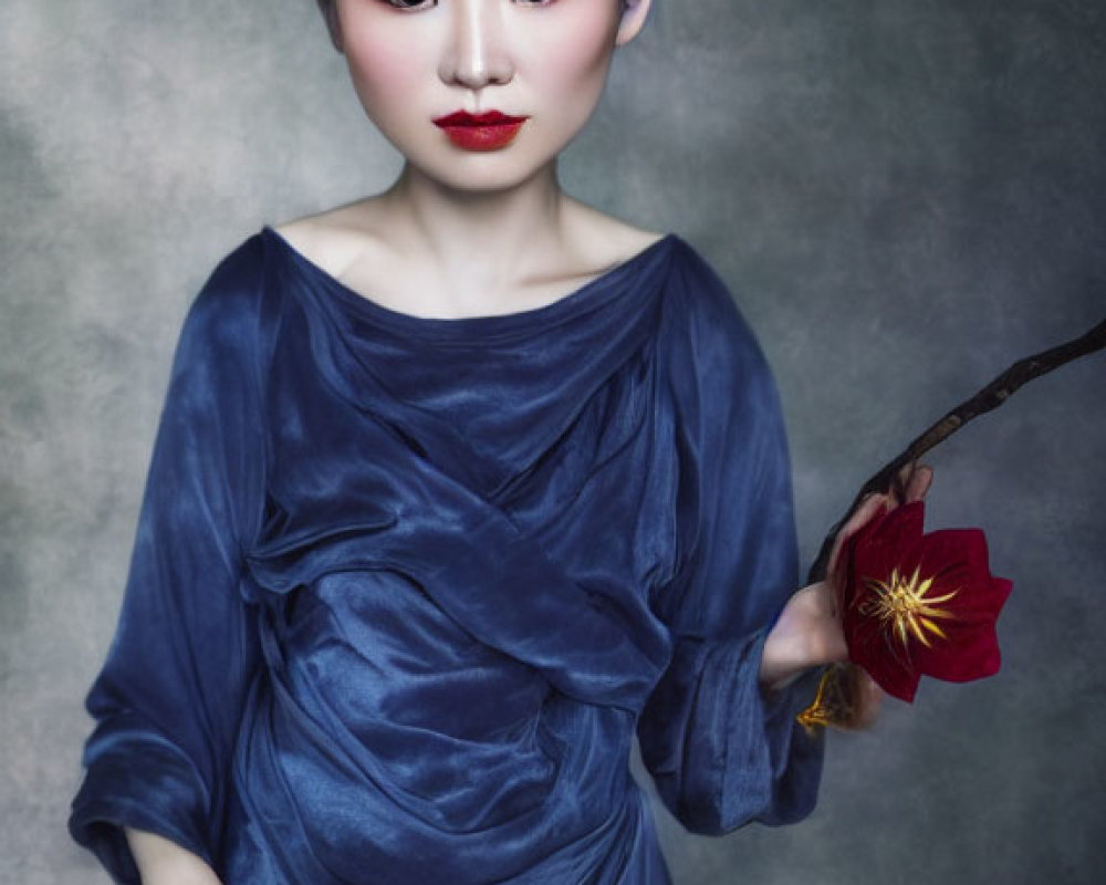 Traditional Asian Attire Woman Portrait in Blue Dress with Red Flower