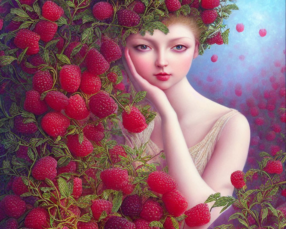 Surreal portrait of contemplative person in raspberry bushes