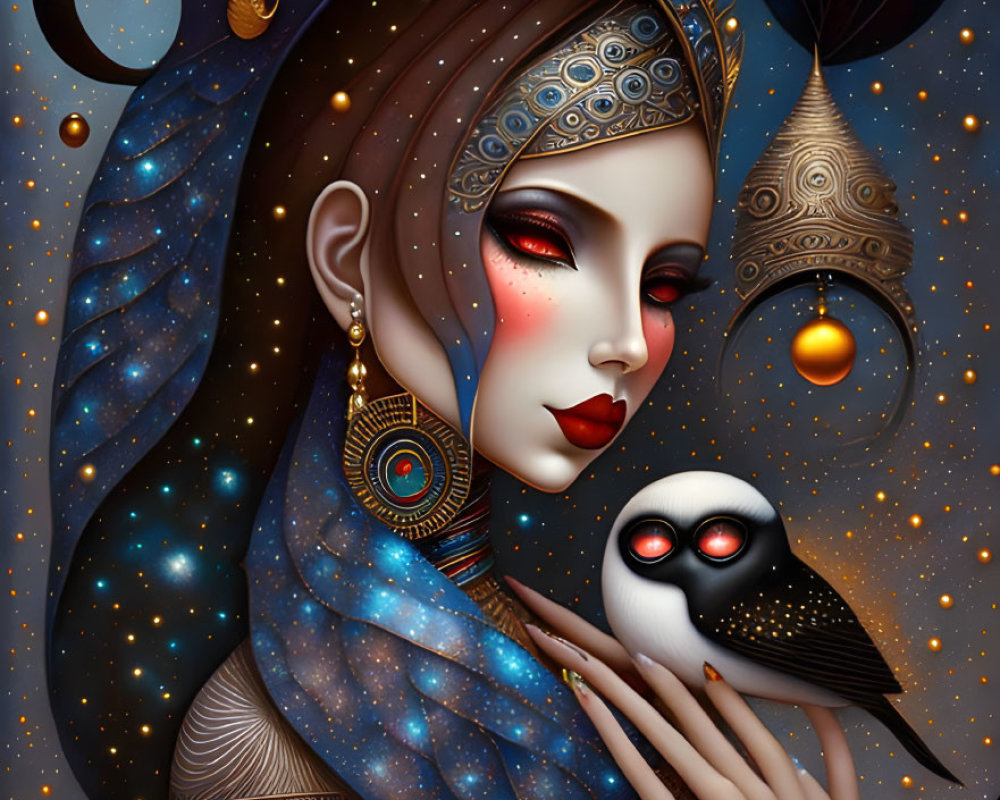 Cosmic-themed woman holding owl in ornate jewelry against starry background