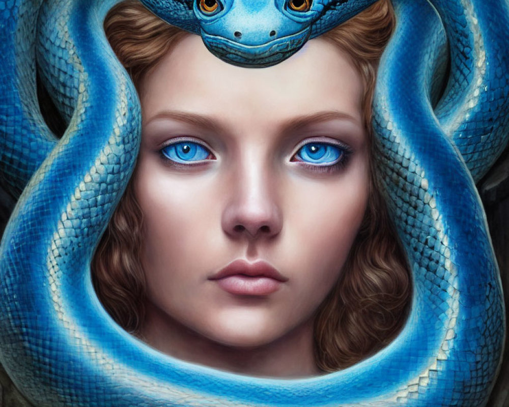 Digital artwork: Woman with blue eyes and snake coil.