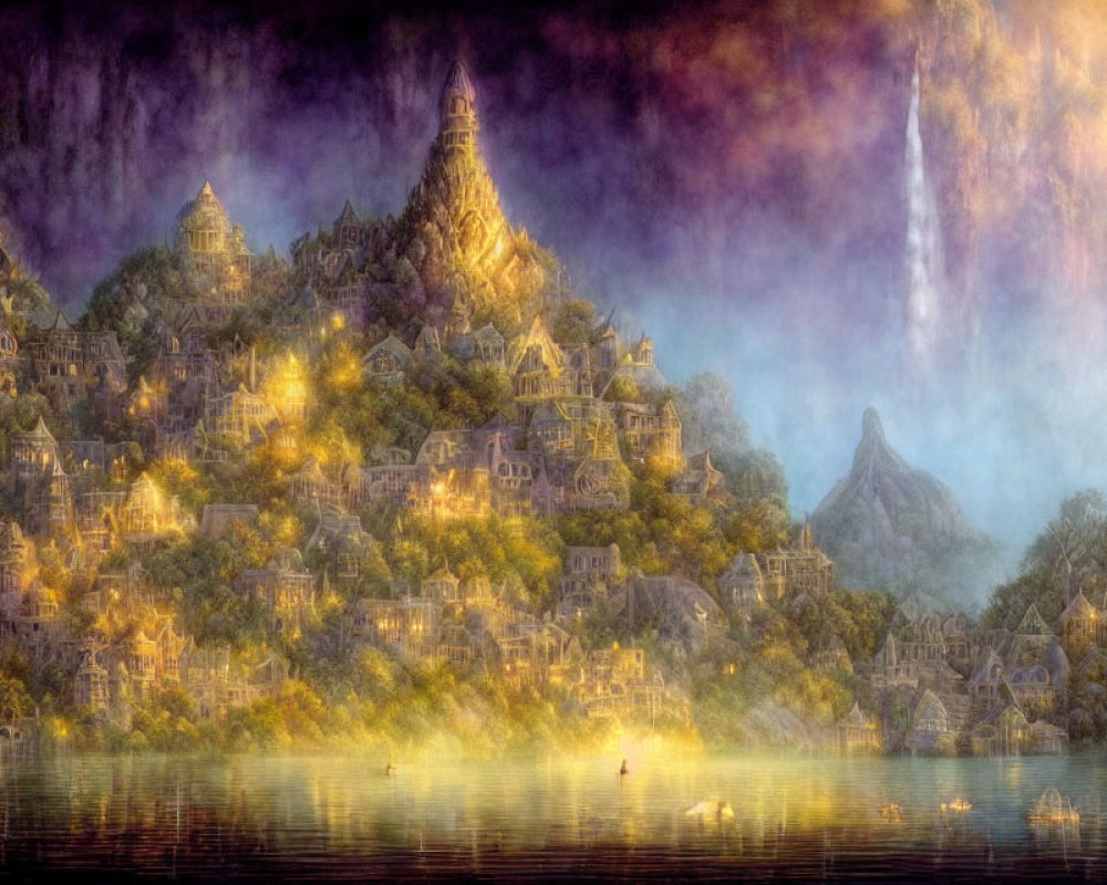 Mystical landscape with illuminated hilltop village and waterfall in misty setting