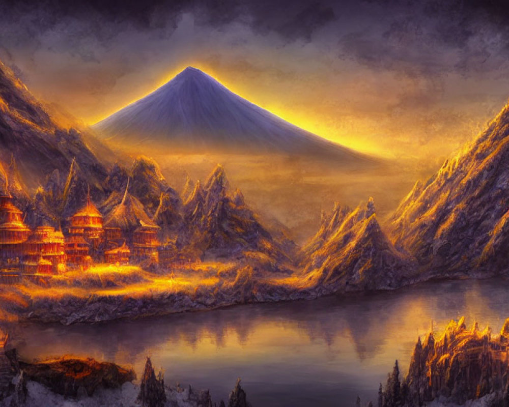 Ethereal fantasy landscape with tranquil lake, enchanting buildings, mountains, and serene volcano at dusk