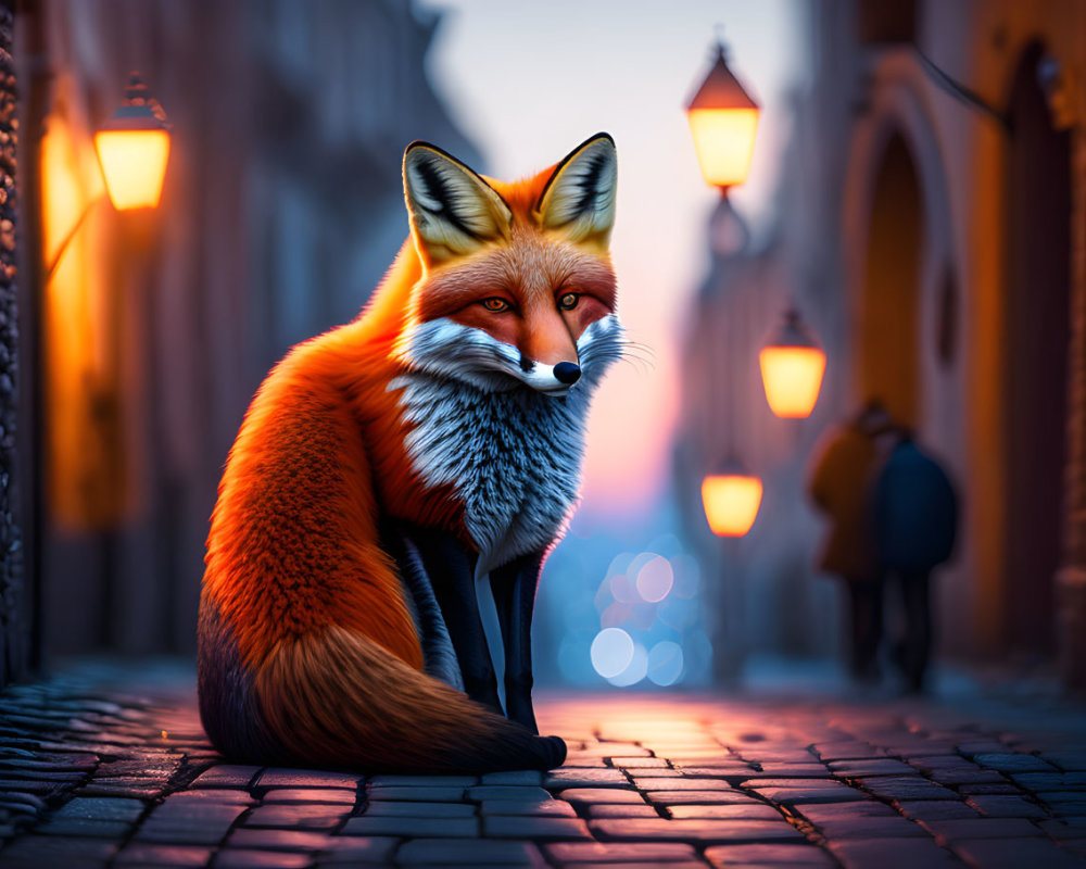 Colorful Fox on Cobblestone Street at Twilight with Vintage Lamps