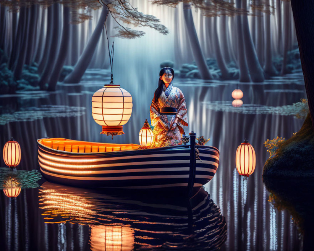 Person in traditional attire on lantern-adorned boat in calm waters at twilight forest