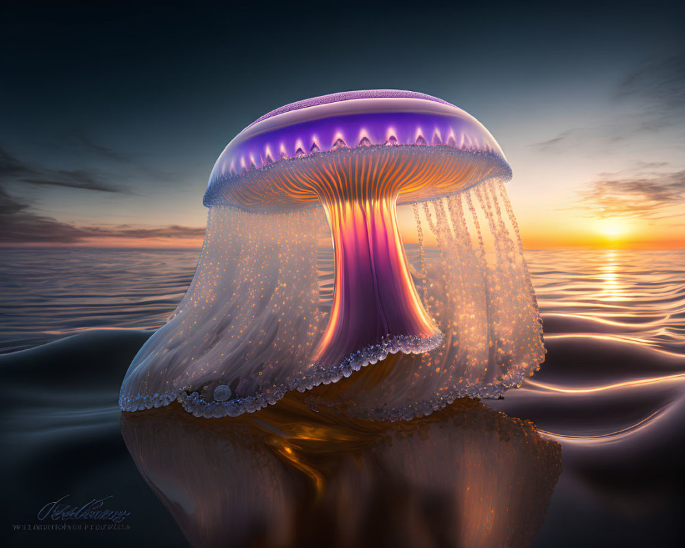 Luminescent jellyfish in purple and pink against vivid sunset