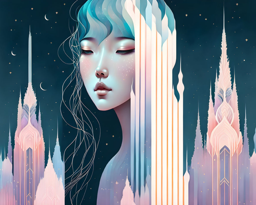 Ethereal illustration of serene woman with colorful hair against starry night sky