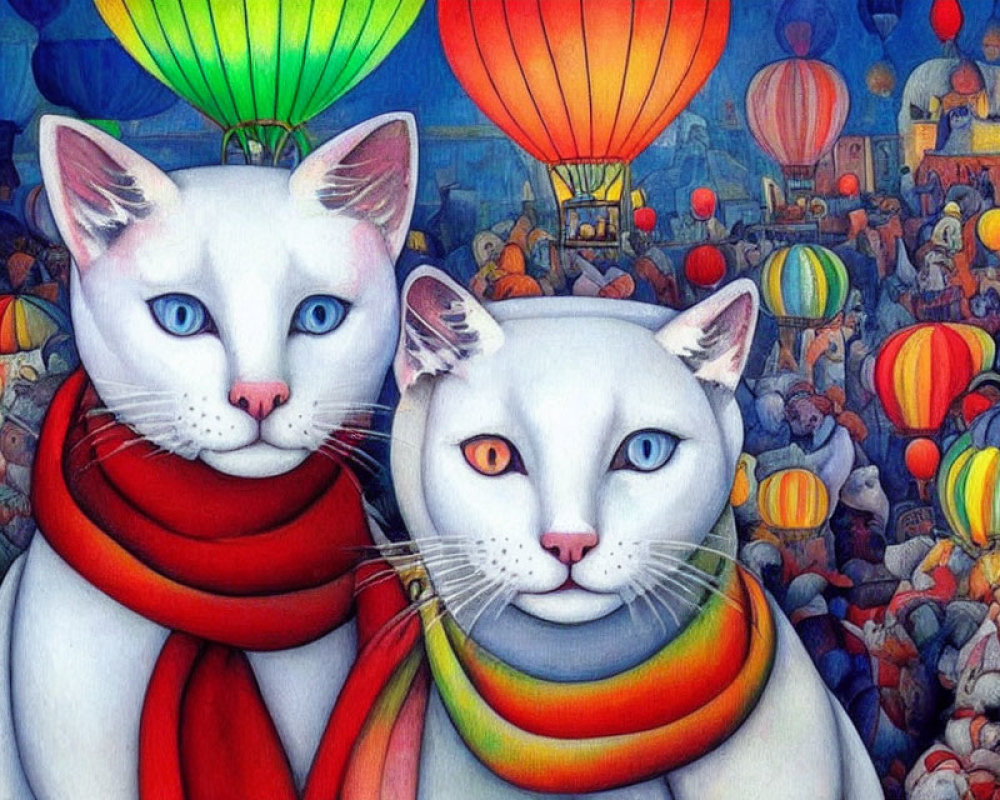 Whimsical white cats with colorful scarves in vibrant hot air balloon scene