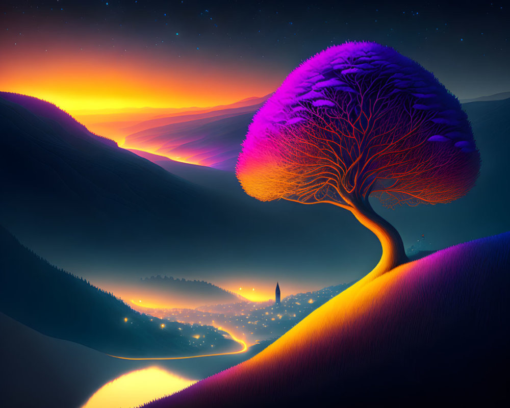 Colorful digital artwork: Neon tree, luminous river, sunset sky