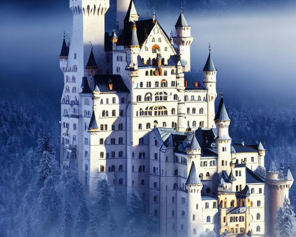 Enchanting castle with spires in misty winter landscape