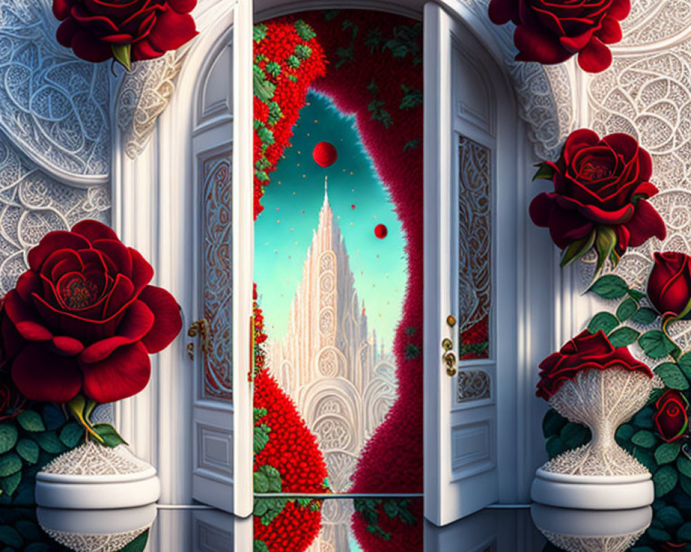 Ornate open doorway with fantasy castle and red roses landscape