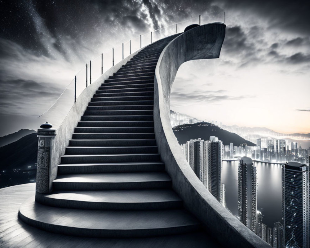 Monochrome image of curved staircase under starry sky and cityscape.