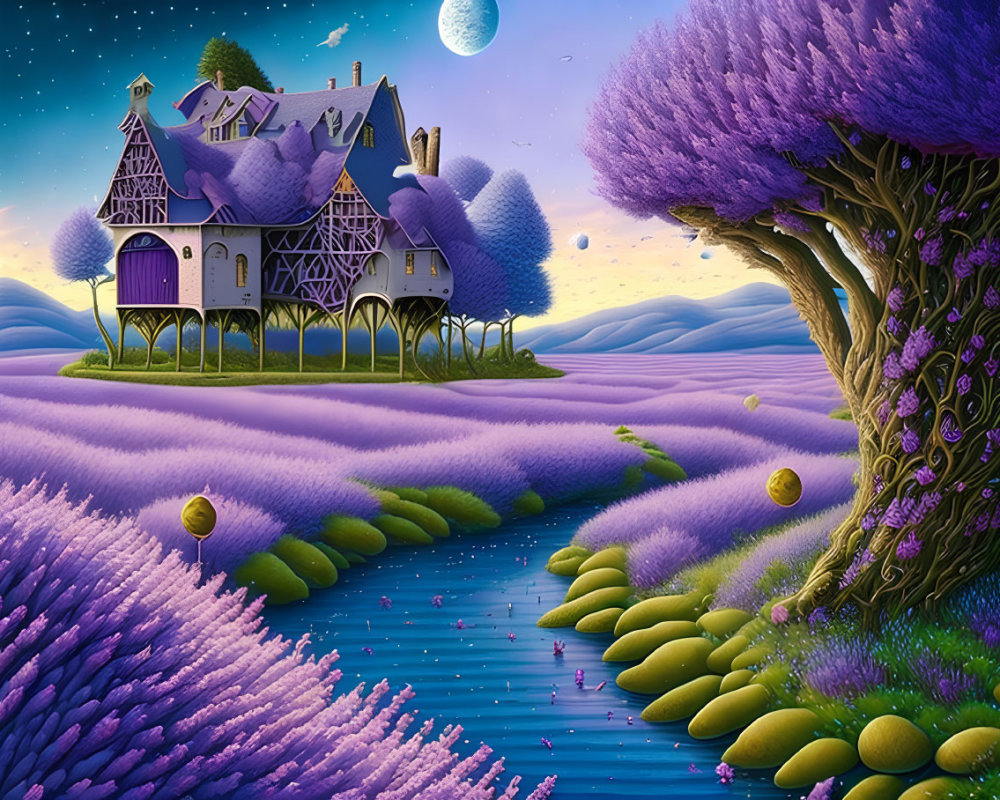 Whimsical Lavender Field Illustration with Charming House