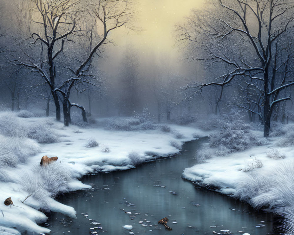 Snow-covered trees and stream in serene winter landscape