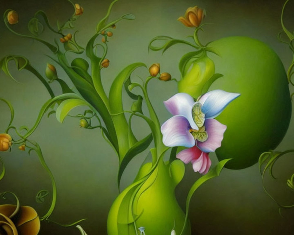 Surreal painting of green plant forms with white and pink flower in swirling tendrils