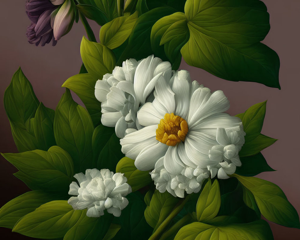 Realistic digital painting of white and purple flowers with green leaves