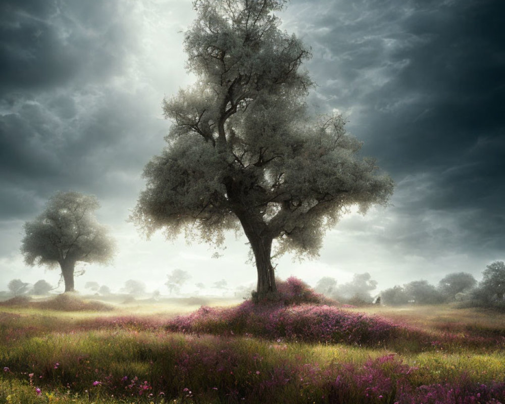 Majestic tree on hill with purple wildflowers under dramatic skies