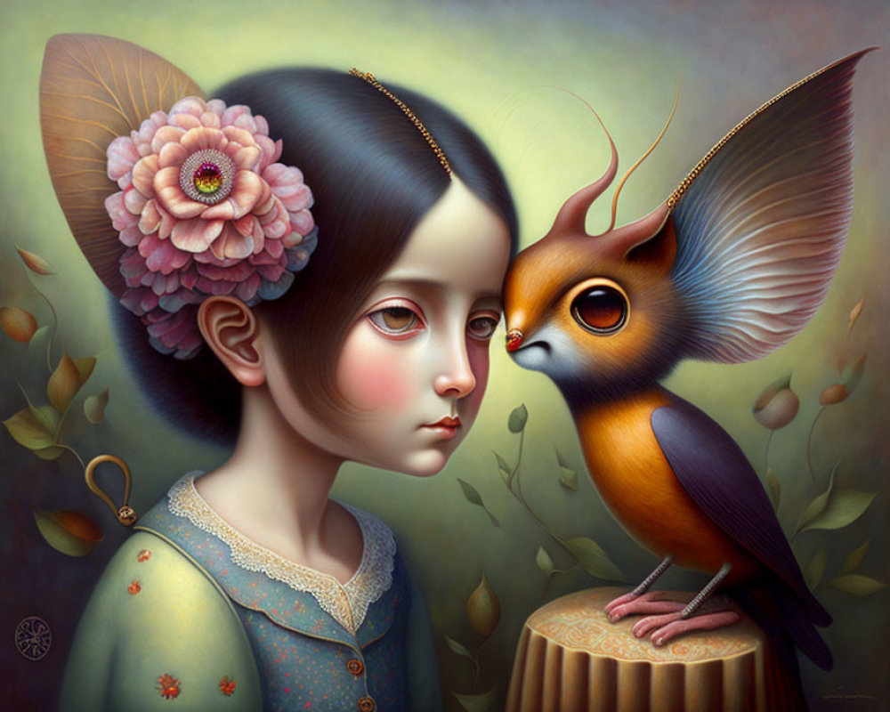 Surreal painting of girl with floral hairpiece and whimsical bird in foliage