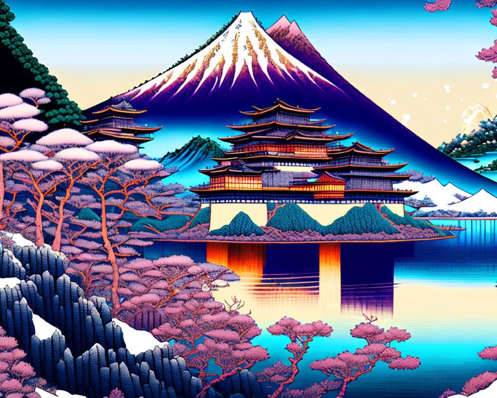 Colorful digital artwork: Mount Fuji, pagoda, sakura trees, water body