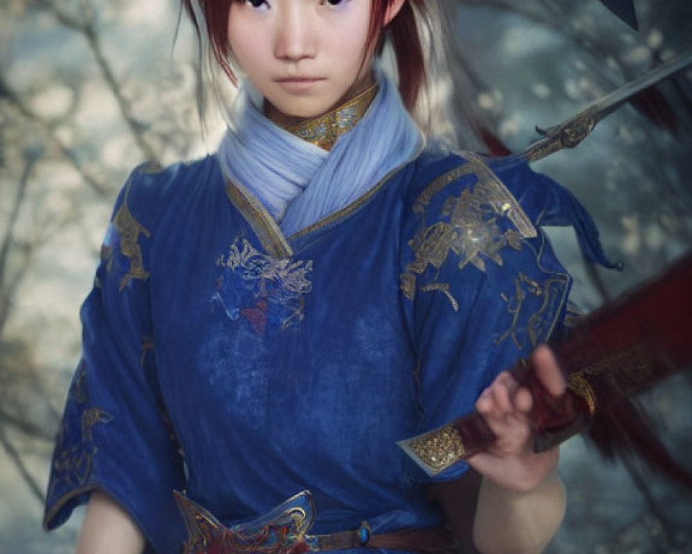 Person in Blue and Gold Asian Garb with Sword in Misty Forest