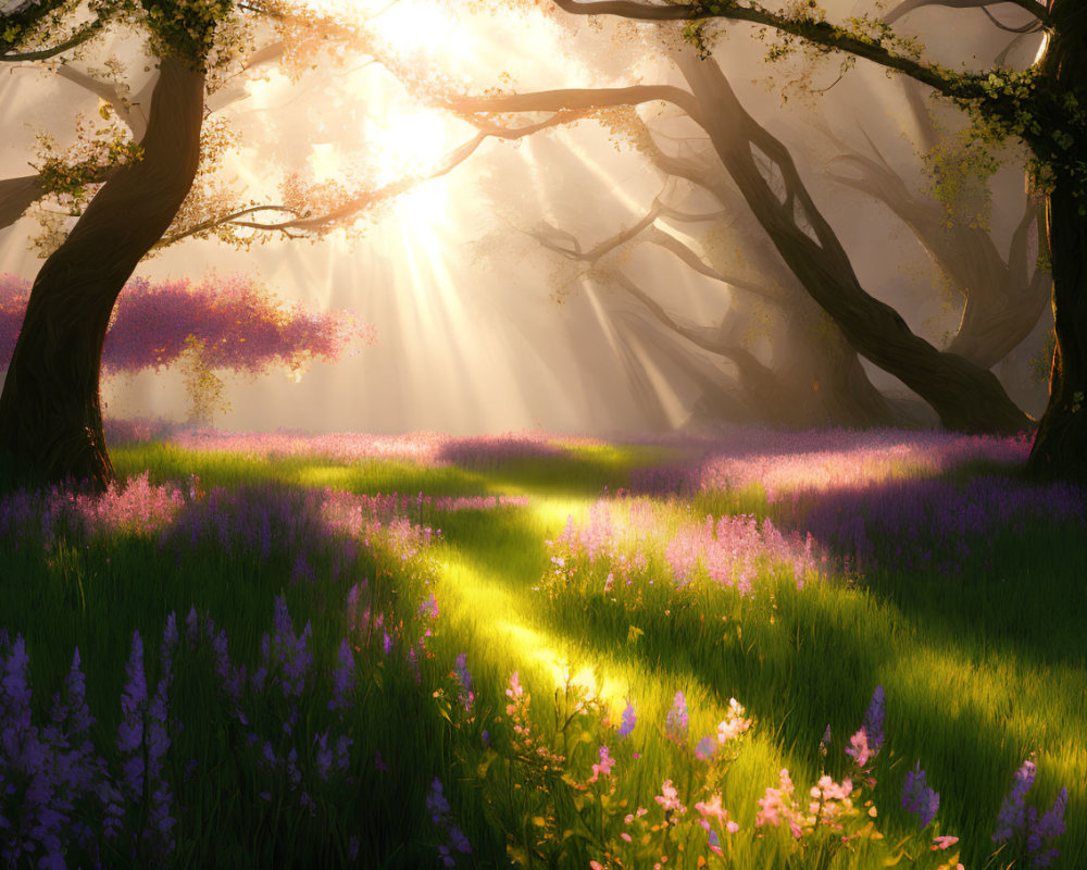 Forest meadow with purple flowers and sunlight streaming through trees