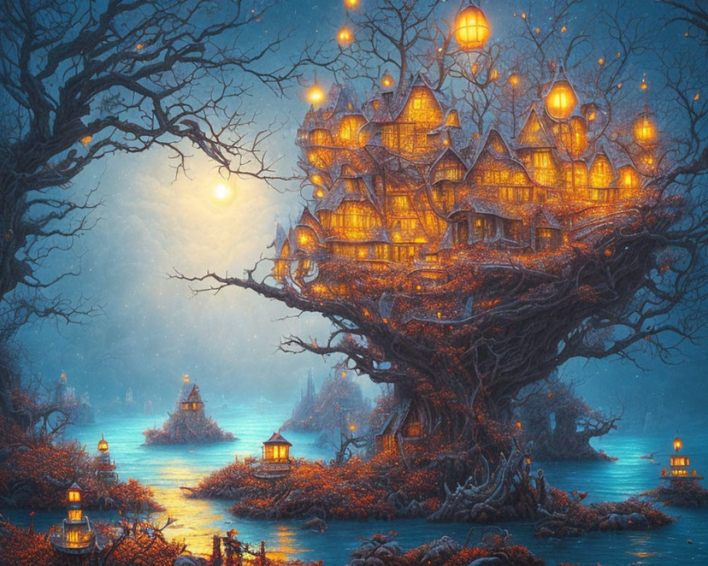 Fantasy treehouse with glowing lanterns in misty twilight setting
