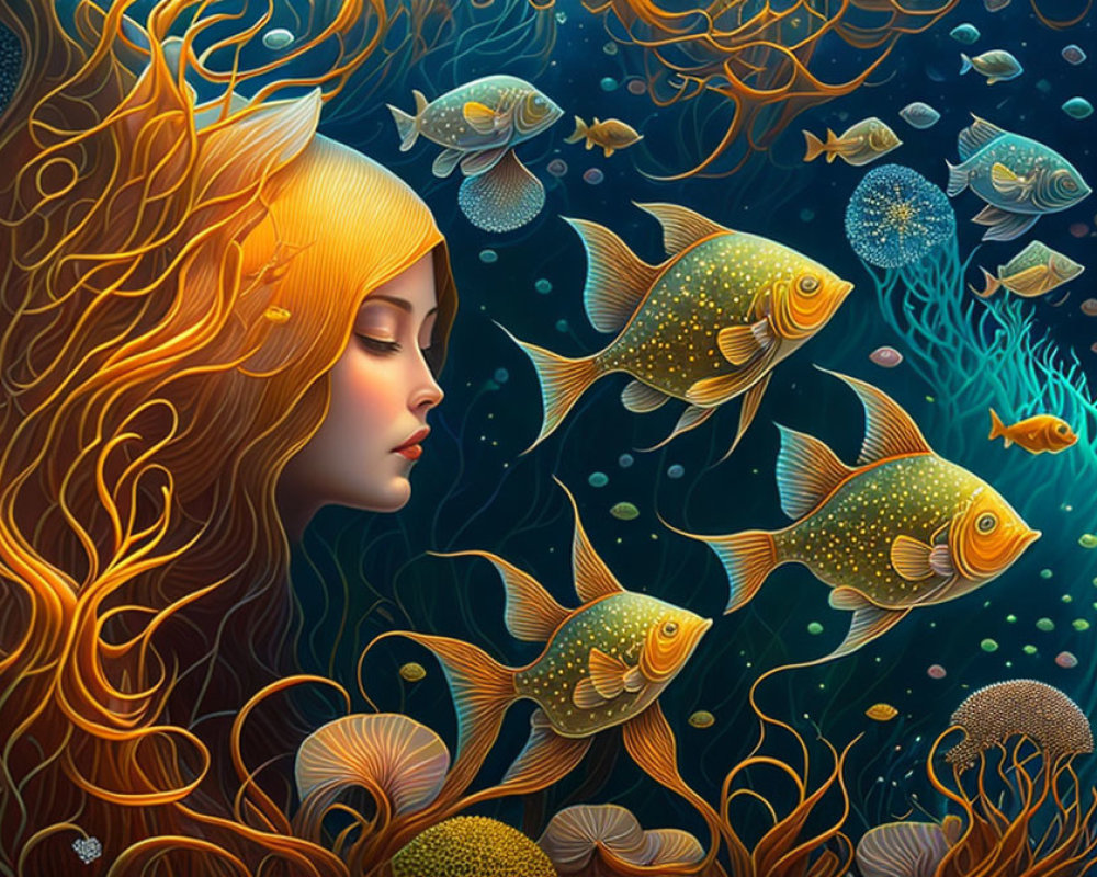 Illustrated underwater scene with serene woman and golden fish in vibrant colors
