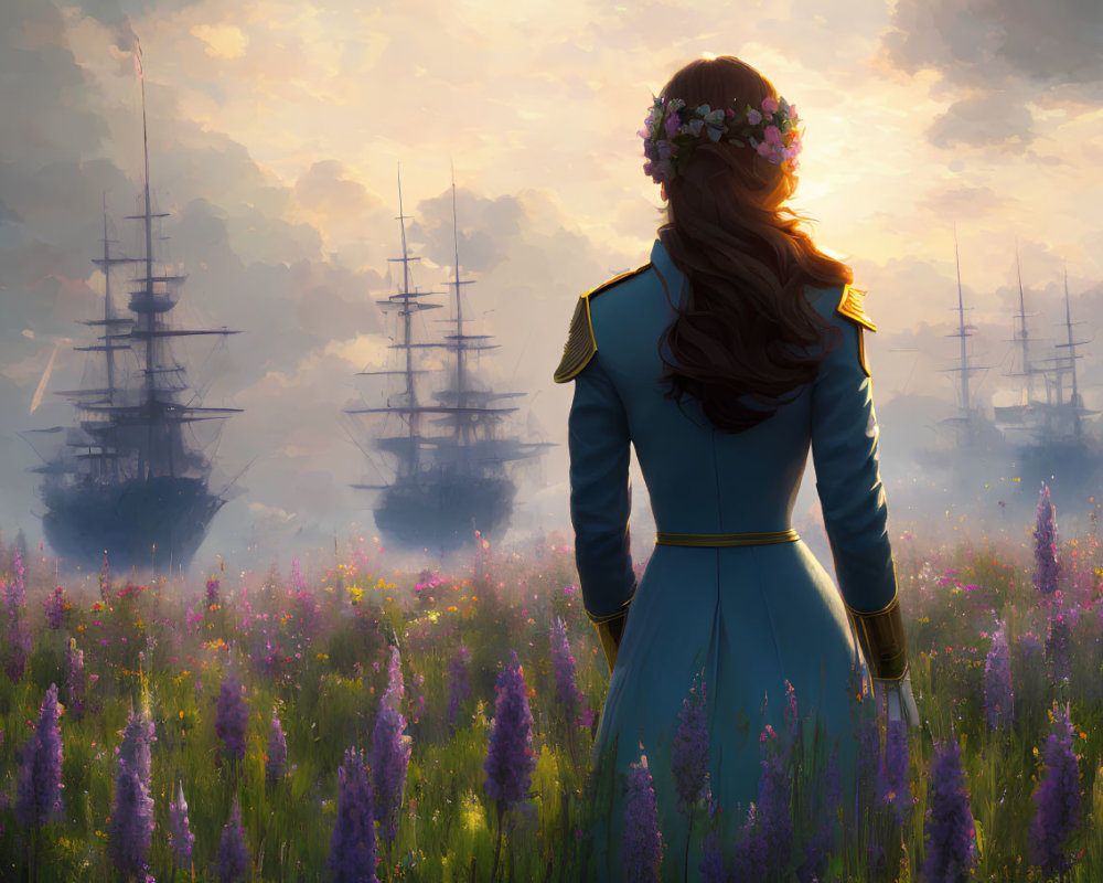 Woman in blue coat and floral wreath admiring ships in purple wildflower field at sunset