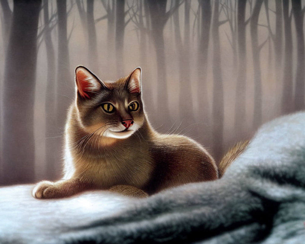 Brown Tabby Cat with Green Eyes Sitting on Soft Surface with Forest Backdrop