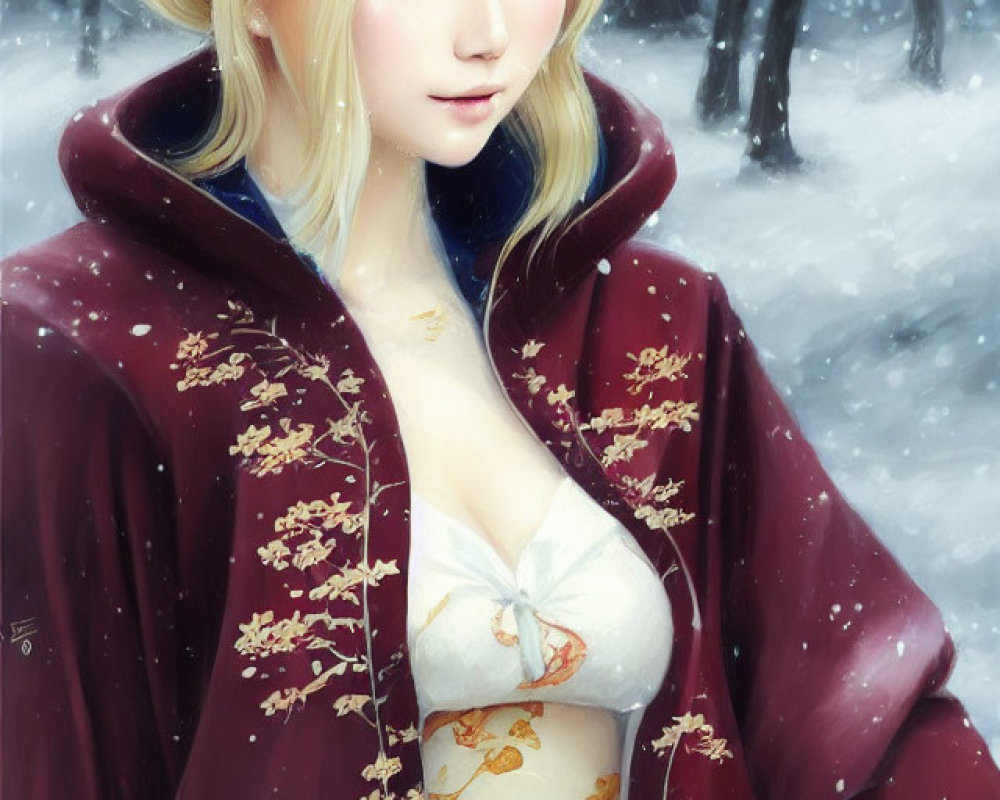 Blonde woman in red cloak with gold patterns on snowy backdrop
