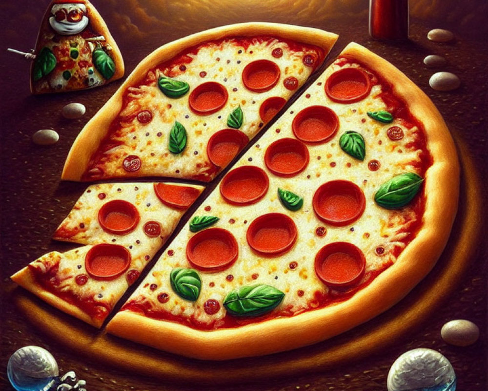 Pepperoni pizza illustration with basil, pebbles, hot sauce, and whimsical slice character