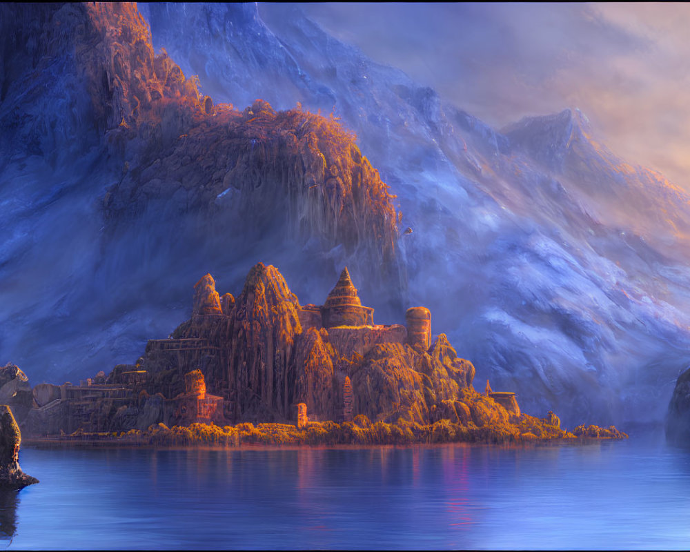 Fantasy landscape with castle, lake, sunset, and mountains