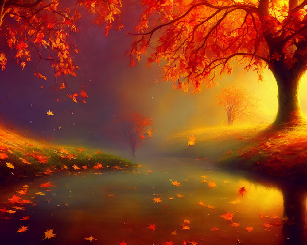 Tranquil autumn landscape with vibrant foliage by calm river