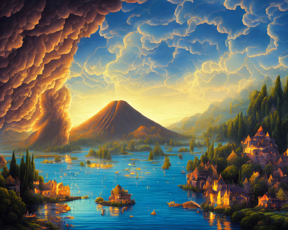 Fantasy landscape with volcanic eruption, stormy skies, serene lake, village, and boats