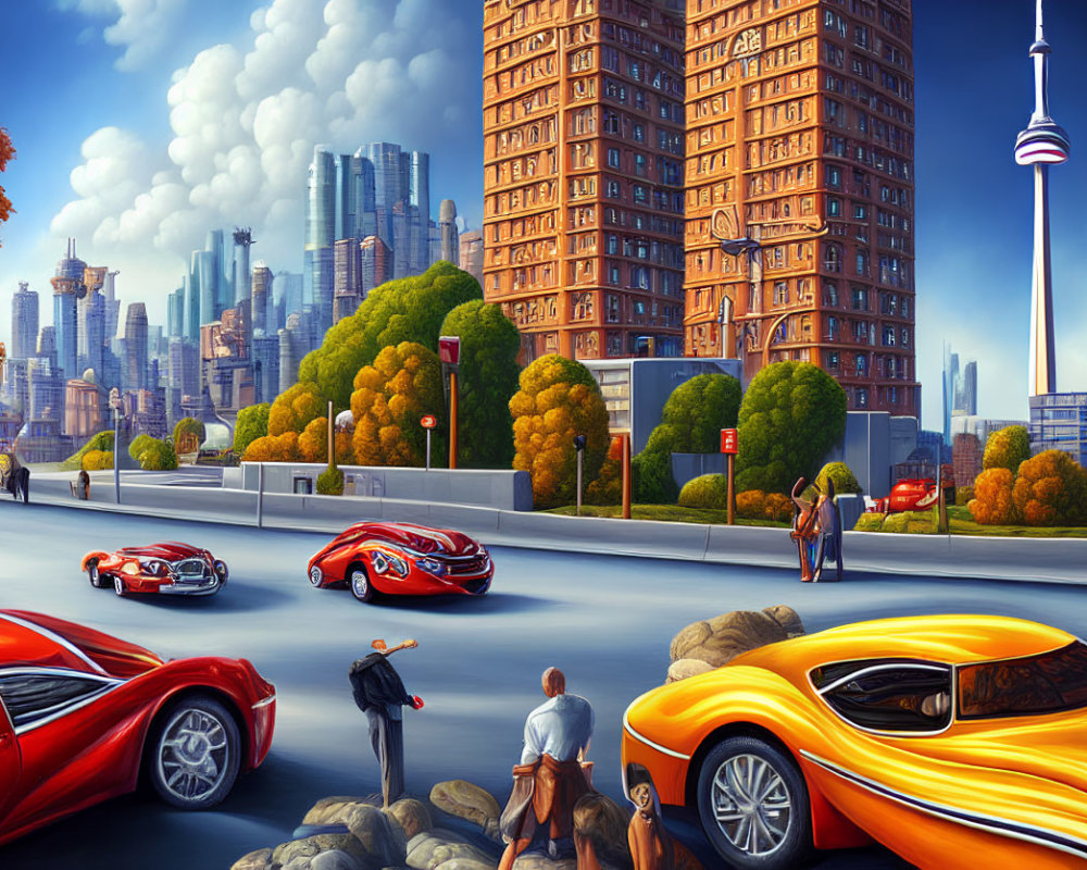 Detailed Futuristic Cityscape with Cars and Pedestrians in Clear Blue Sky