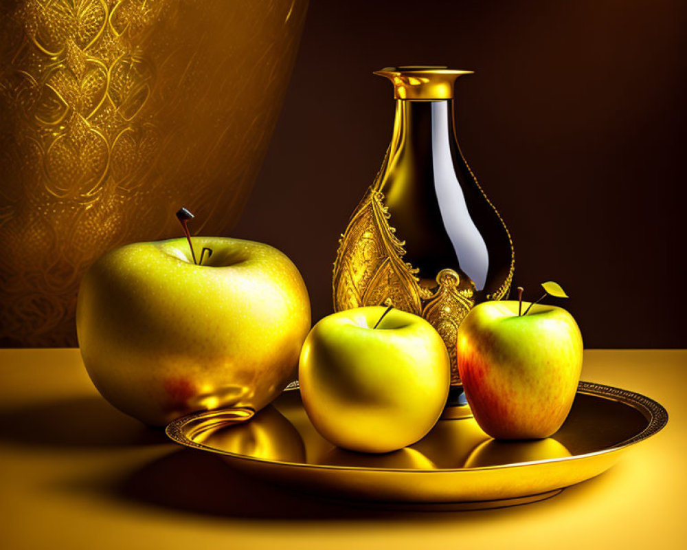 Golden vase, patterned background, shiny apples on gold-accented plate