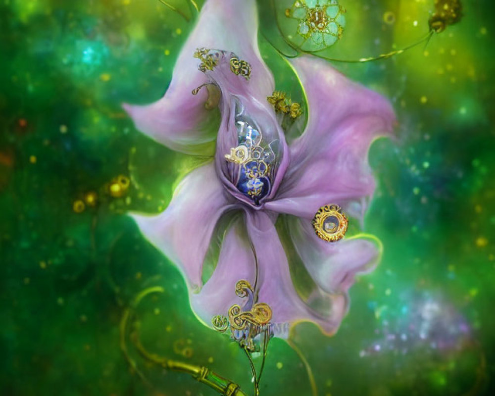 Surreal purple flower with mechanical heart in vibrant green setting