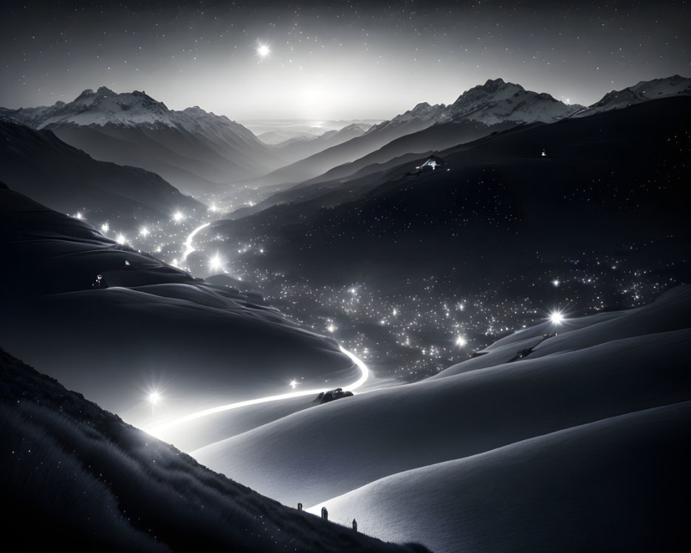 Snowy night landscape with winding roads and sparkling valley towns