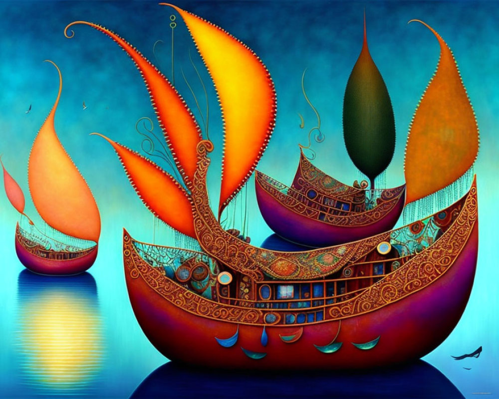 Colorful Boat Painting with Curved Sails on Blue Water