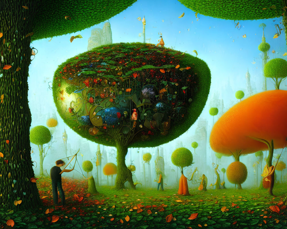 Vibrant fantasy landscape with oversized mushrooms and magical glowing tree