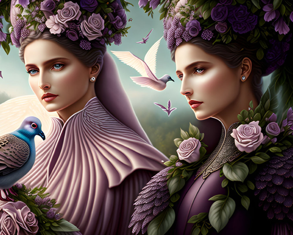 Ethereal women with floral headdresses and birds on green background