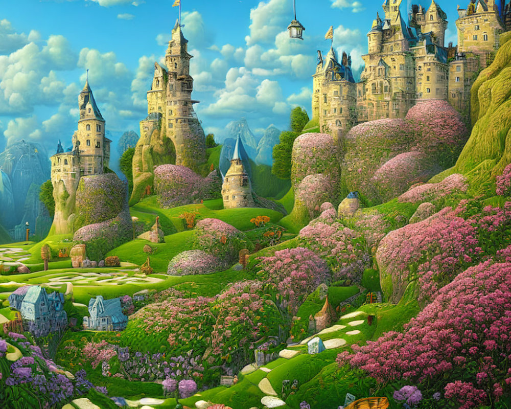 Whimsical castles in lush fairytale landscape