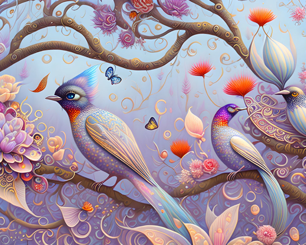 Colorful Stylized Birds and Flora in Surreal Digital Art