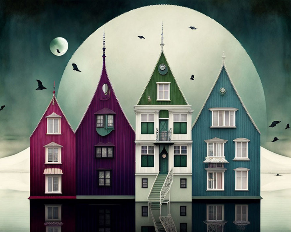 Victorian houses under large moon with birds - Colorful scene!