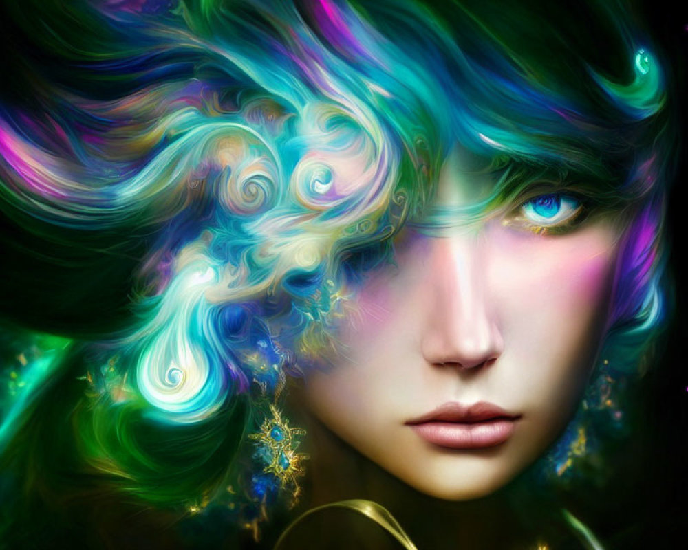 Vibrant digital artwork: person with swirling blue, green, and purple hair