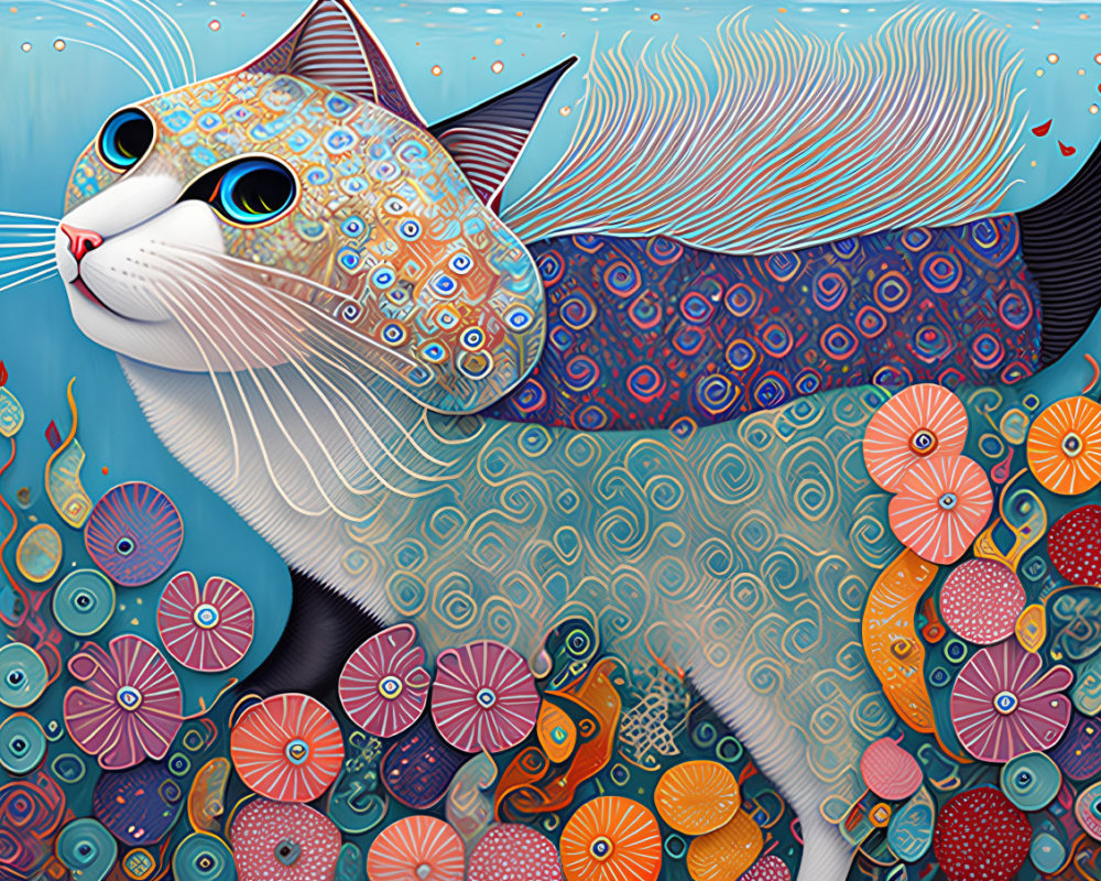 Whimsical cat swimming underwater with patterned fur and sea plants