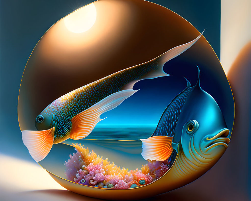 Stylized fish in circular aquatic scene with coral under glowing sun