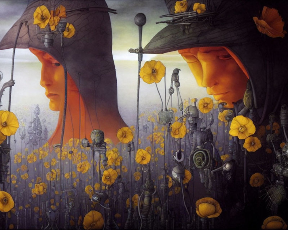 Stylized figures in hats with poppies, overlooking poppy field and mechanical structures