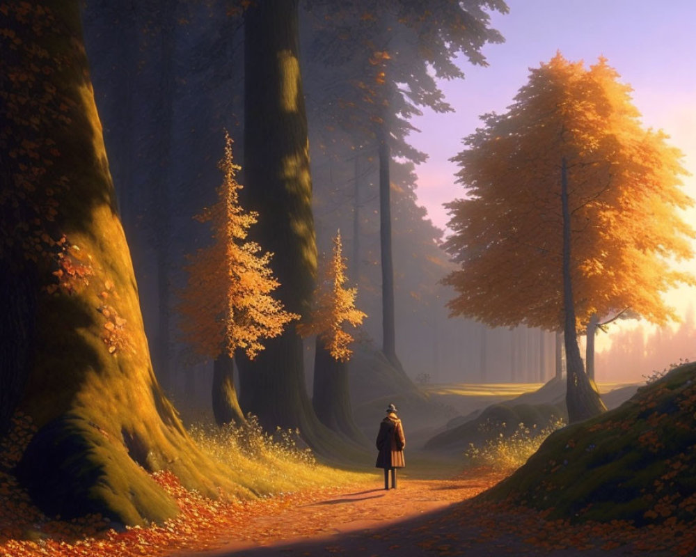 Person standing on forest path surrounded by golden autumn trees.