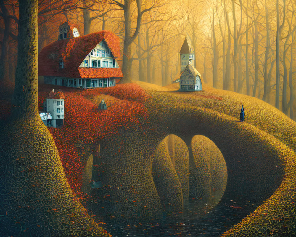 Whimsical autumn scene: house on stone bridge in golden forest